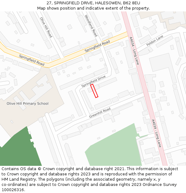 27, SPRINGFIELD DRIVE, HALESOWEN, B62 8EU: Location map and indicative extent of plot