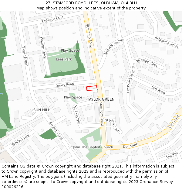 27, STAMFORD ROAD, LEES, OLDHAM, OL4 3LH: Location map and indicative extent of plot