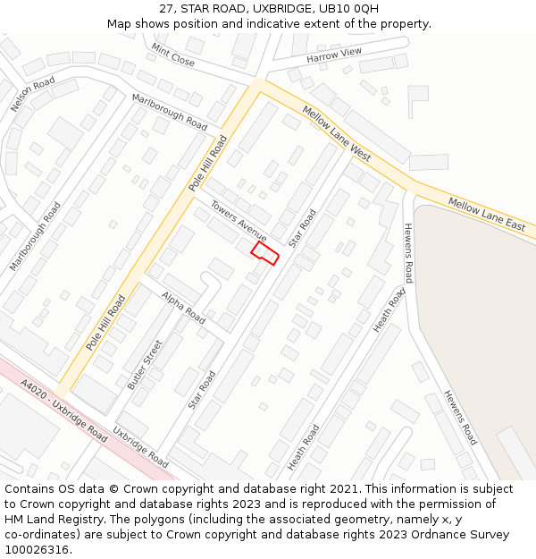 27, STAR ROAD, UXBRIDGE, UB10 0QH: Location map and indicative extent of plot