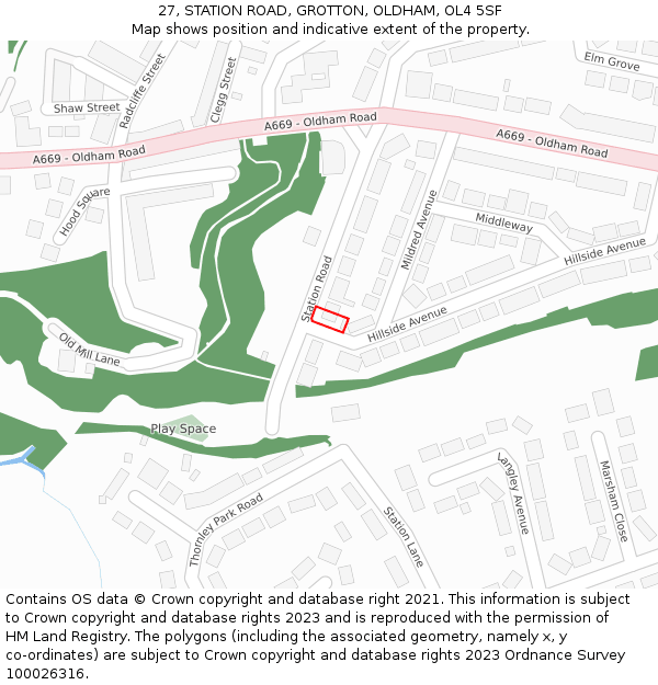 27, STATION ROAD, GROTTON, OLDHAM, OL4 5SF: Location map and indicative extent of plot