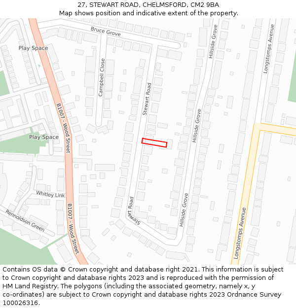 27, STEWART ROAD, CHELMSFORD, CM2 9BA: Location map and indicative extent of plot