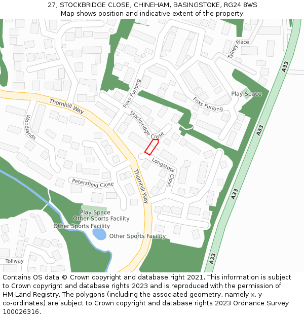 27, STOCKBRIDGE CLOSE, CHINEHAM, BASINGSTOKE, RG24 8WS: Location map and indicative extent of plot