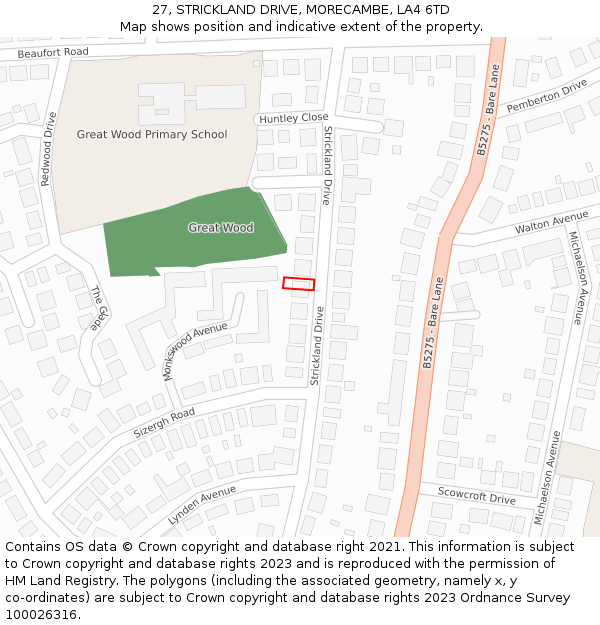 27, STRICKLAND DRIVE, MORECAMBE, LA4 6TD: Location map and indicative extent of plot