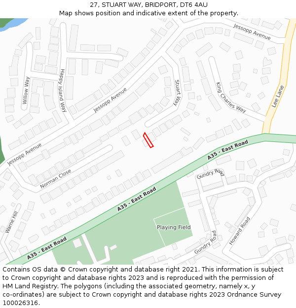 27, STUART WAY, BRIDPORT, DT6 4AU: Location map and indicative extent of plot