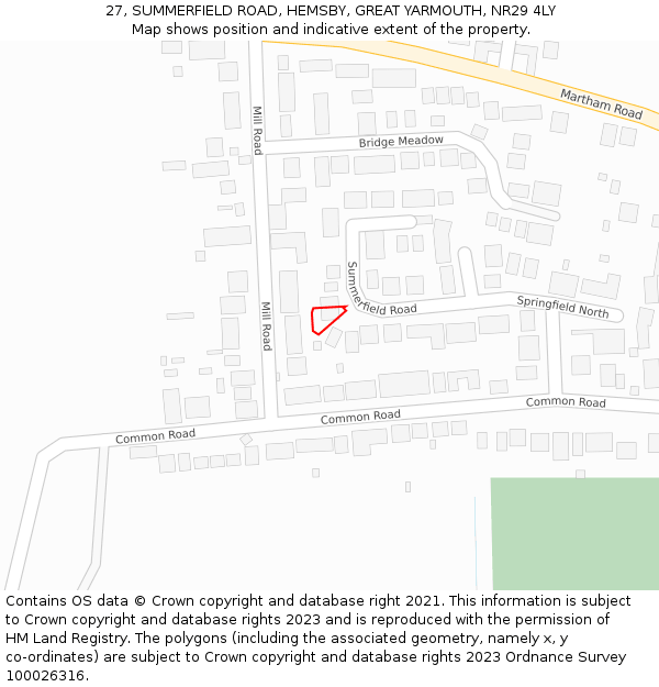 27, SUMMERFIELD ROAD, HEMSBY, GREAT YARMOUTH, NR29 4LY: Location map and indicative extent of plot