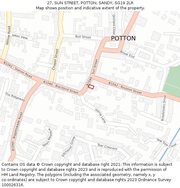 27, SUN STREET, POTTON, SANDY, SG19 2LR: Location map and indicative extent of plot