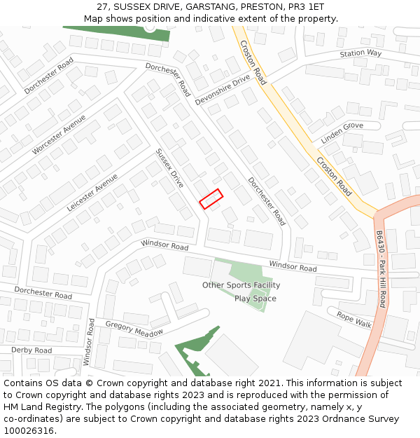 27, SUSSEX DRIVE, GARSTANG, PRESTON, PR3 1ET: Location map and indicative extent of plot