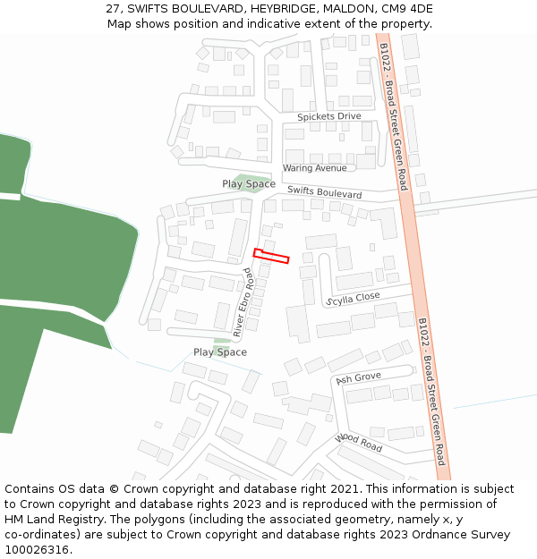 27, SWIFTS BOULEVARD, HEYBRIDGE, MALDON, CM9 4DE: Location map and indicative extent of plot
