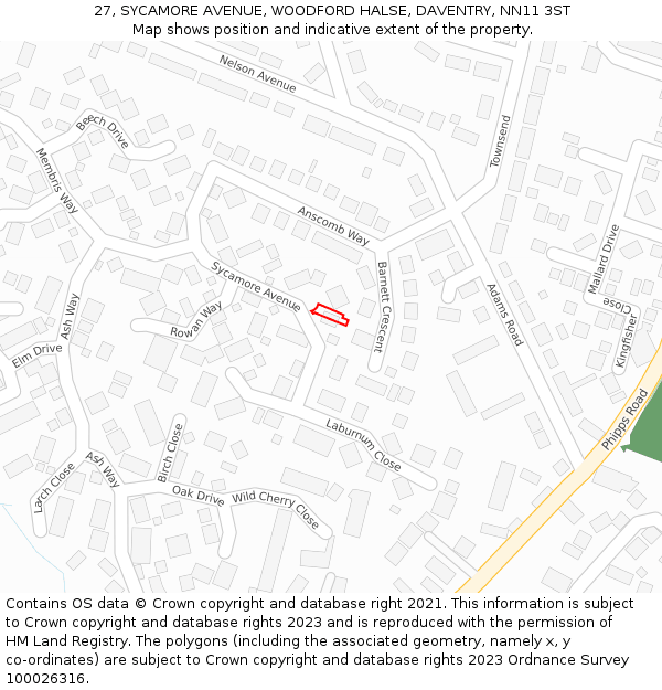 27, SYCAMORE AVENUE, WOODFORD HALSE, DAVENTRY, NN11 3ST: Location map and indicative extent of plot