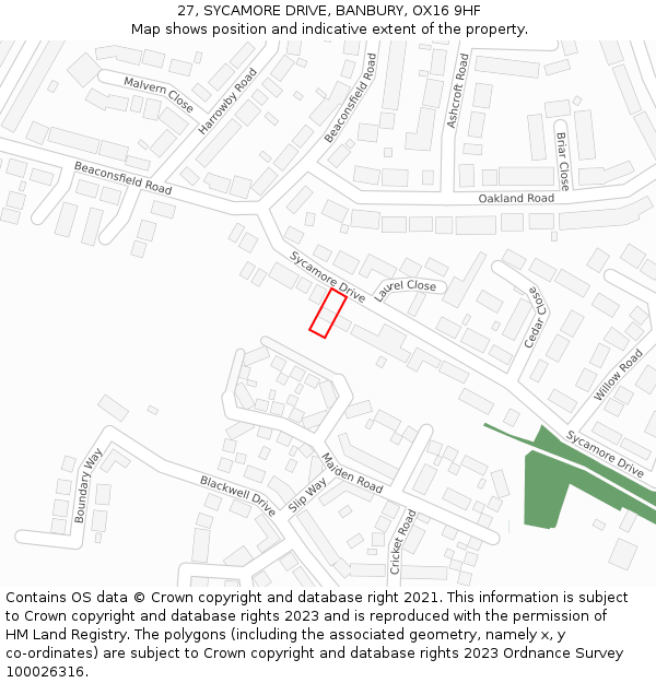 27, SYCAMORE DRIVE, BANBURY, OX16 9HF: Location map and indicative extent of plot