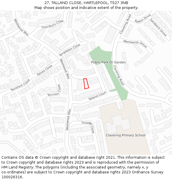 27, TALLAND CLOSE, HARTLEPOOL, TS27 3NB: Location map and indicative extent of plot
