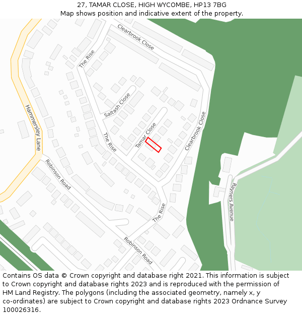 27, TAMAR CLOSE, HIGH WYCOMBE, HP13 7BG: Location map and indicative extent of plot