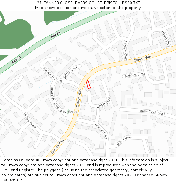 27, TANNER CLOSE, BARRS COURT, BRISTOL, BS30 7XF: Location map and indicative extent of plot