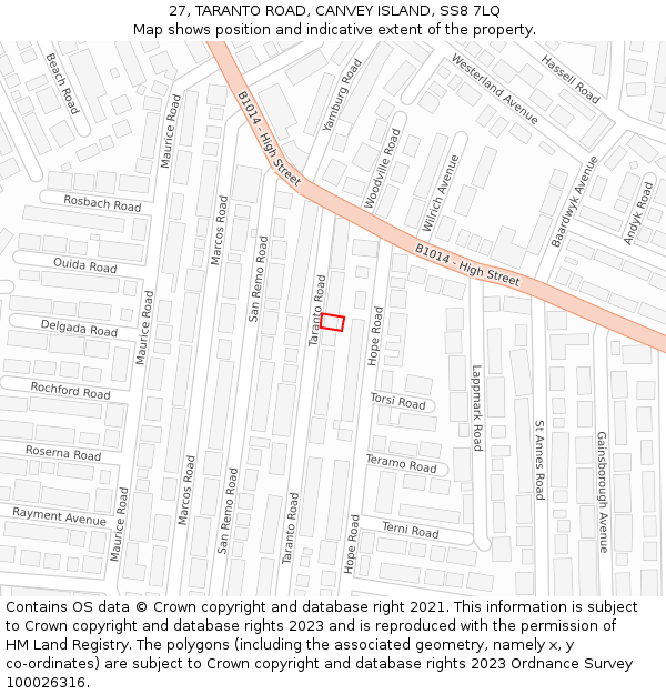 27, TARANTO ROAD, CANVEY ISLAND, SS8 7LQ: Location map and indicative extent of plot