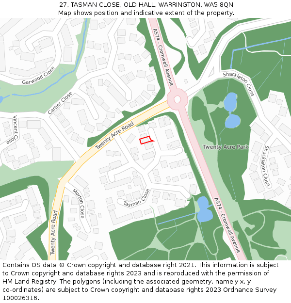 27, TASMAN CLOSE, OLD HALL, WARRINGTON, WA5 8QN: Location map and indicative extent of plot