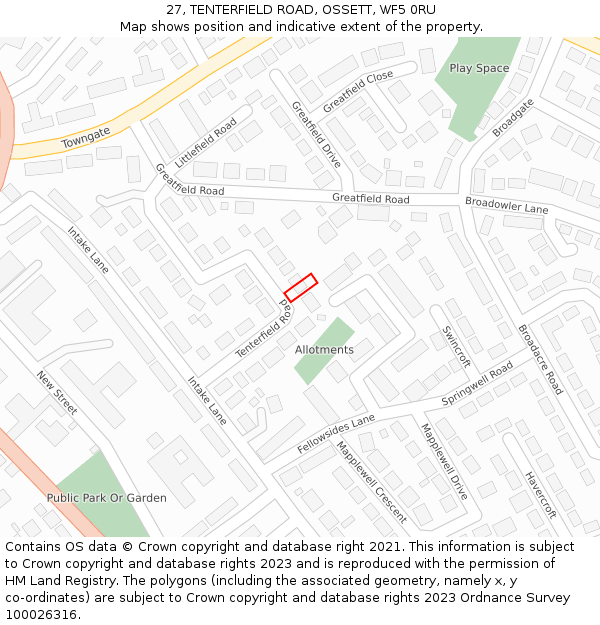 27, TENTERFIELD ROAD, OSSETT, WF5 0RU: Location map and indicative extent of plot