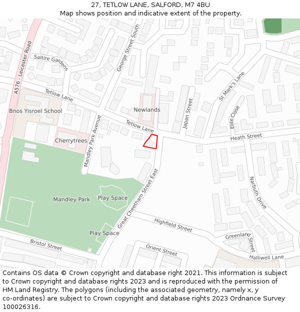 27, TETLOW LANE, SALFORD, M7 4BU: Location map and indicative extent of plot