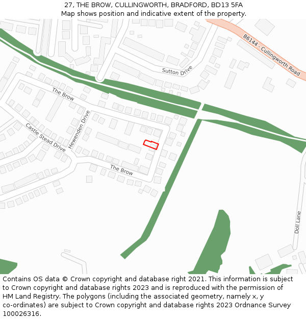 27, THE BROW, CULLINGWORTH, BRADFORD, BD13 5FA: Location map and indicative extent of plot