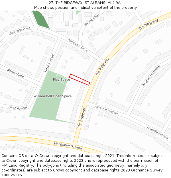 27, THE RIDGEWAY, ST ALBANS, AL4 9AL: Location map and indicative extent of plot
