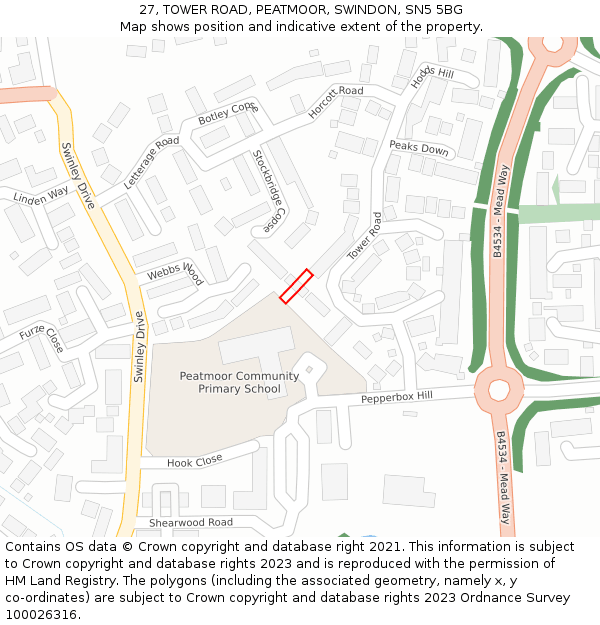 27, TOWER ROAD, PEATMOOR, SWINDON, SN5 5BG: Location map and indicative extent of plot