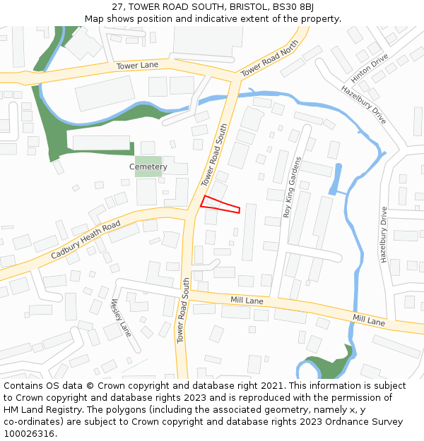 27, TOWER ROAD SOUTH, BRISTOL, BS30 8BJ: Location map and indicative extent of plot