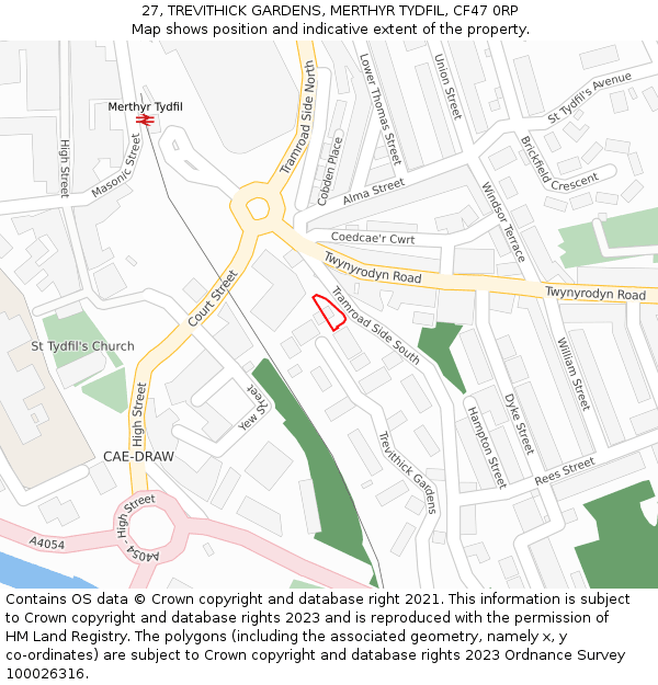 27, TREVITHICK GARDENS, MERTHYR TYDFIL, CF47 0RP: Location map and indicative extent of plot
