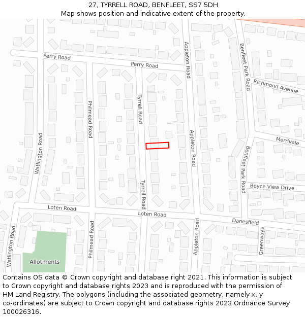 27, TYRRELL ROAD, BENFLEET, SS7 5DH: Location map and indicative extent of plot