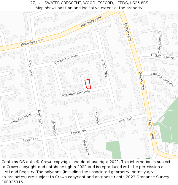 27, ULLSWATER CRESCENT, WOODLESFORD, LEEDS, LS26 8RS: Location map and indicative extent of plot