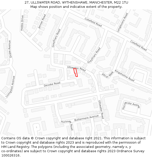 27, ULLSWATER ROAD, WYTHENSHAWE, MANCHESTER, M22 1TU: Location map and indicative extent of plot