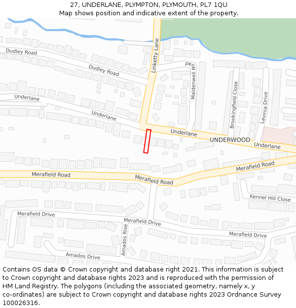 27, UNDERLANE, PLYMPTON, PLYMOUTH, PL7 1QU: Location map and indicative extent of plot