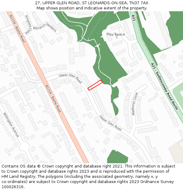 27, UPPER GLEN ROAD, ST LEONARDS-ON-SEA, TN37 7AX: Location map and indicative extent of plot