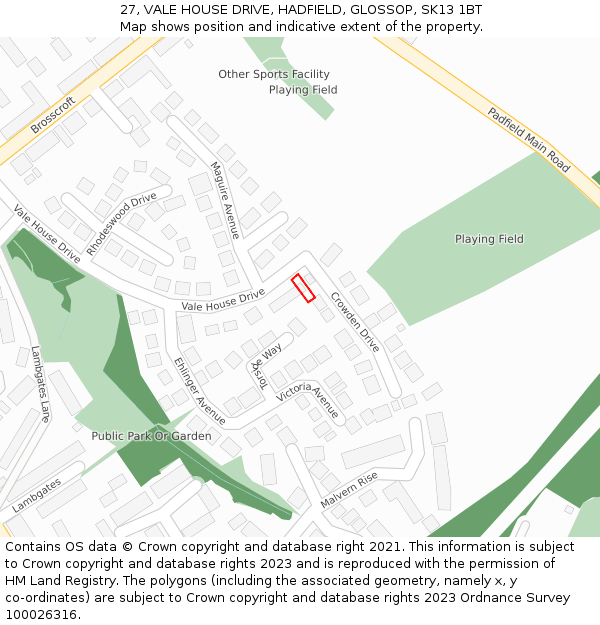 27, VALE HOUSE DRIVE, HADFIELD, GLOSSOP, SK13 1BT: Location map and indicative extent of plot
