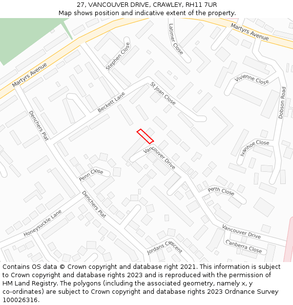 27, VANCOUVER DRIVE, CRAWLEY, RH11 7UR: Location map and indicative extent of plot