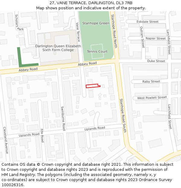 27, VANE TERRACE, DARLINGTON, DL3 7RB: Location map and indicative extent of plot
