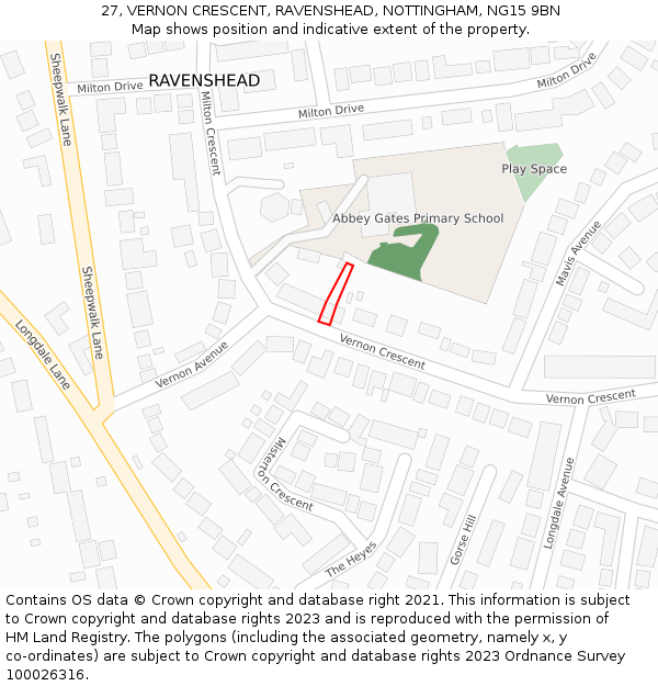 27, VERNON CRESCENT, RAVENSHEAD, NOTTINGHAM, NG15 9BN: Location map and indicative extent of plot