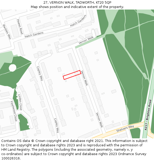 27, VERNON WALK, TADWORTH, KT20 5QP: Location map and indicative extent of plot