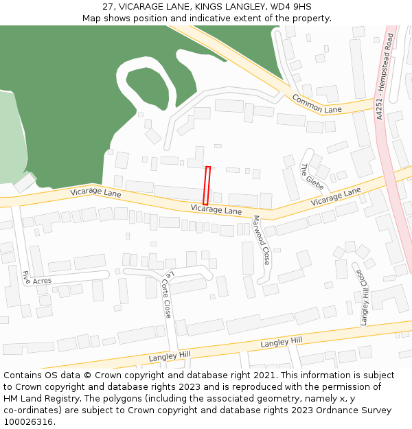 27, VICARAGE LANE, KINGS LANGLEY, WD4 9HS: Location map and indicative extent of plot