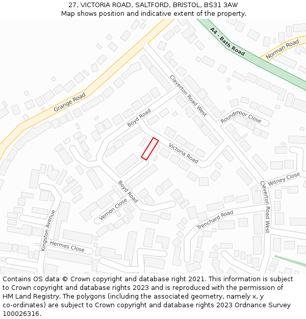 27, VICTORIA ROAD, SALTFORD, BRISTOL, BS31 3AW: Location map and indicative extent of plot