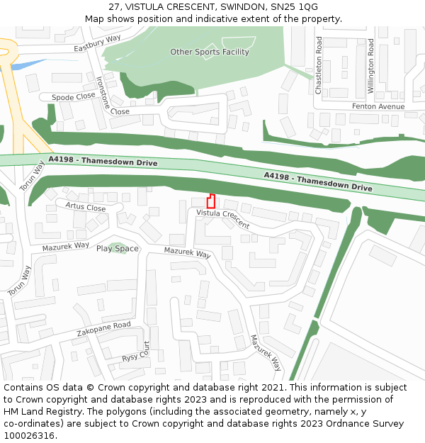 27, VISTULA CRESCENT, SWINDON, SN25 1QG: Location map and indicative extent of plot