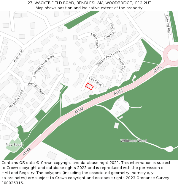 27, WACKER FIELD ROAD, RENDLESHAM, WOODBRIDGE, IP12 2UT: Location map and indicative extent of plot