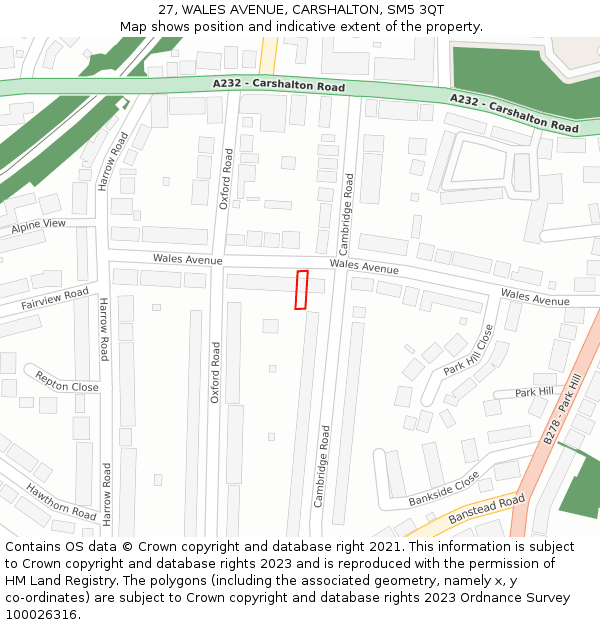27, WALES AVENUE, CARSHALTON, SM5 3QT: Location map and indicative extent of plot