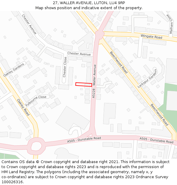 27, WALLER AVENUE, LUTON, LU4 9RP: Location map and indicative extent of plot