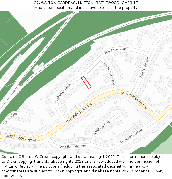 27, WALTON GARDENS, HUTTON, BRENTWOOD, CM13 1EJ: Location map and indicative extent of plot