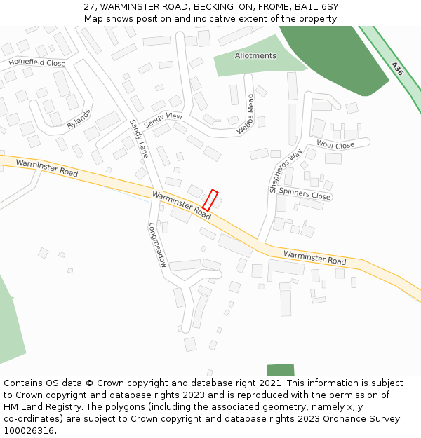 27, WARMINSTER ROAD, BECKINGTON, FROME, BA11 6SY: Location map and indicative extent of plot
