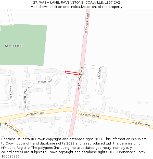 27, WASH LANE, RAVENSTONE, COALVILLE, LE67 2AZ: Location map and indicative extent of plot