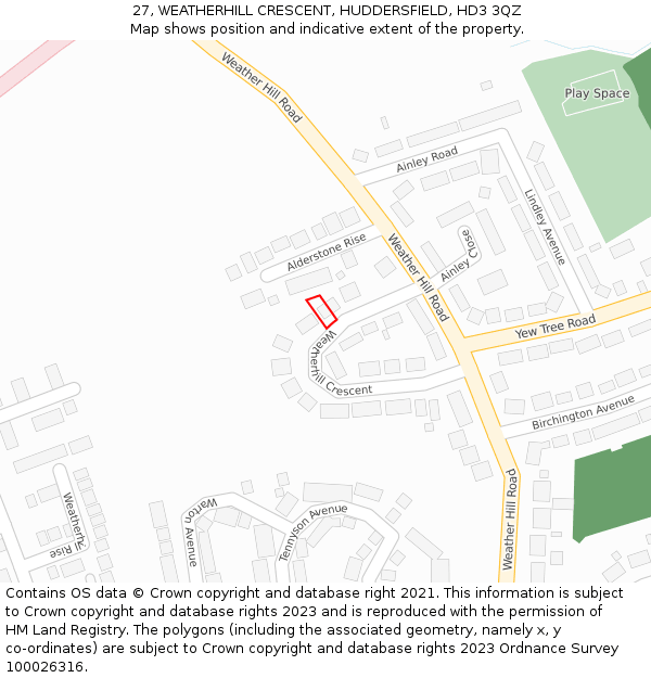 27, WEATHERHILL CRESCENT, HUDDERSFIELD, HD3 3QZ: Location map and indicative extent of plot