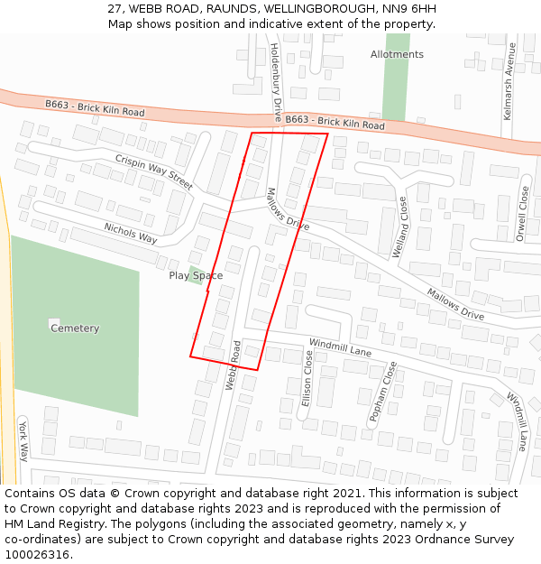 27, WEBB ROAD, RAUNDS, WELLINGBOROUGH, NN9 6HH: Location map and indicative extent of plot