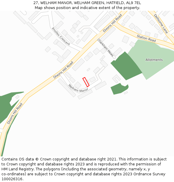 27, WELHAM MANOR, WELHAM GREEN, HATFIELD, AL9 7EL: Location map and indicative extent of plot