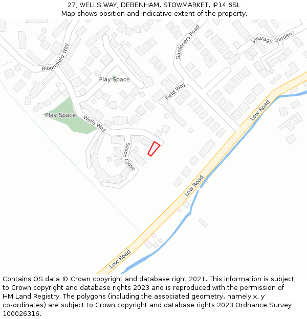 27, WELLS WAY, DEBENHAM, STOWMARKET, IP14 6SL: Location map and indicative extent of plot