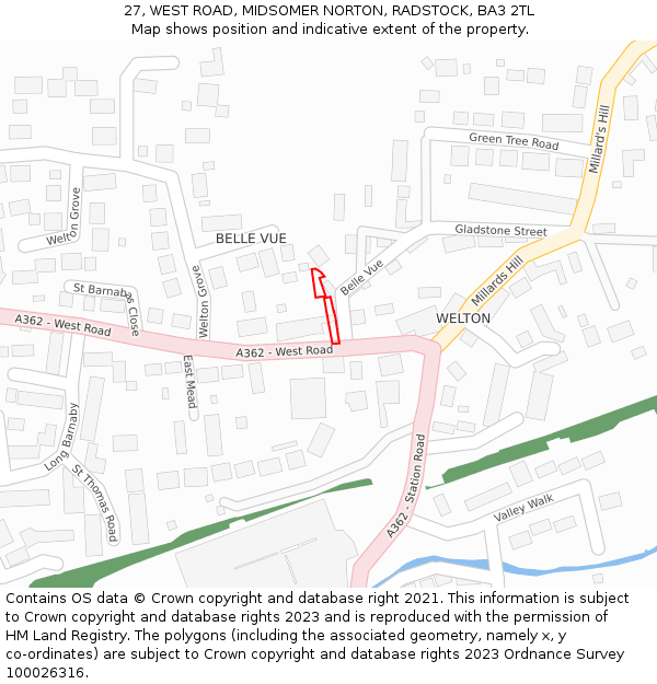 27, WEST ROAD, MIDSOMER NORTON, RADSTOCK, BA3 2TL: Location map and indicative extent of plot